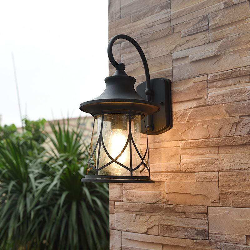 One Bulb Wall Light with Lantern Shade Seeded Glass Industrial Porch Sconce Lighting Fixture