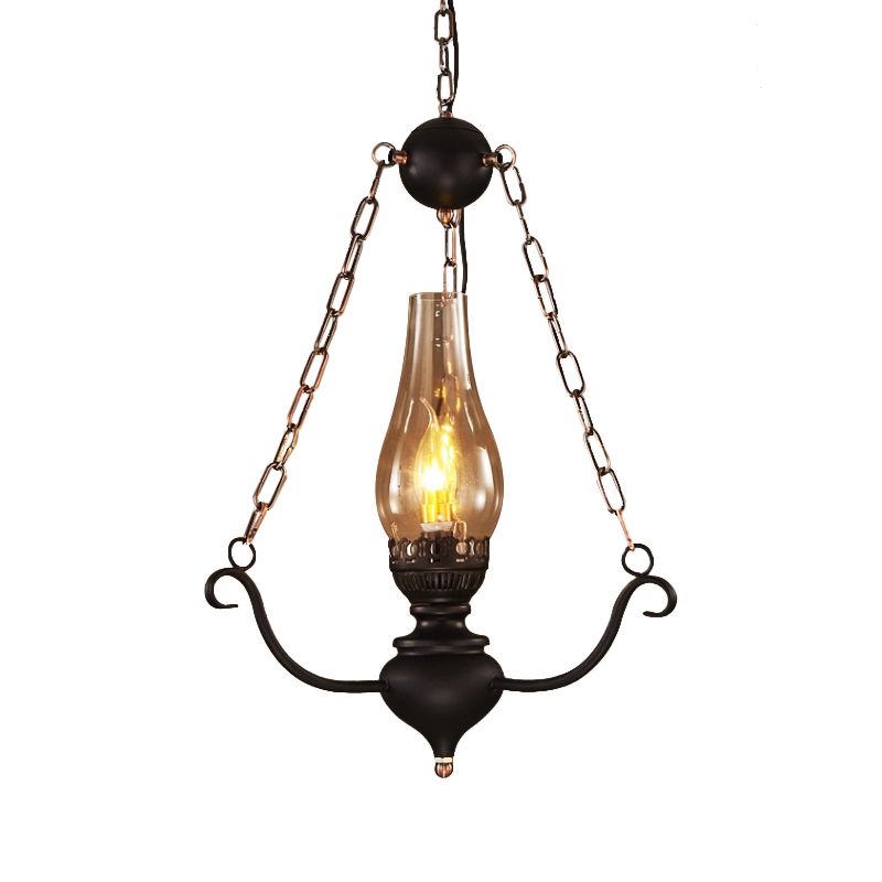 1-Head Ceiling Light Farmhouse Elongated Clear Glass Pendant Lamp Kit with Chain Decor in Black