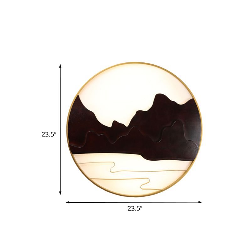 Mountain Silhouette Wall Mural Light Asian Wooden Black LED Sconce Lighting for Tearoom