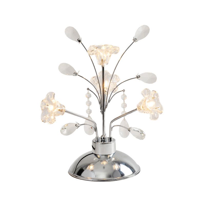 Lampada da tavolo ramificata per camera da letto Lampada da comodino cromata contemporanea a gocce di cristallo trasparente a 4 teste con paralume Lily