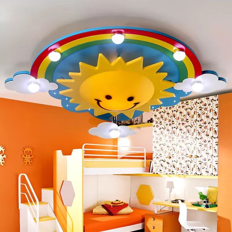 Cartoon Smiling Sun Flush Ceiling Light Wood Ceiling Mount Light in Yellow for Game Room