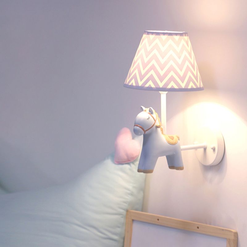 Kids Style Empire Shade Wall Light Fixture Fabric Single-Bulb Nursery Wall Mounted Lamp with Deer Decor in Pink