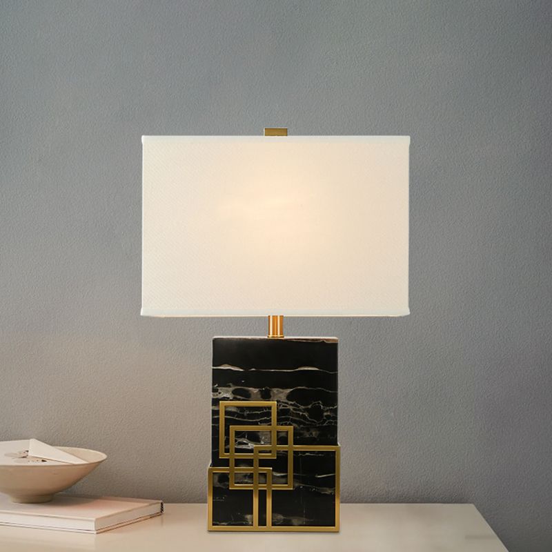 Fabric Shaded Table Lamp Modern 1 Bulb White Desk Light with Black Rectangle Marble Base