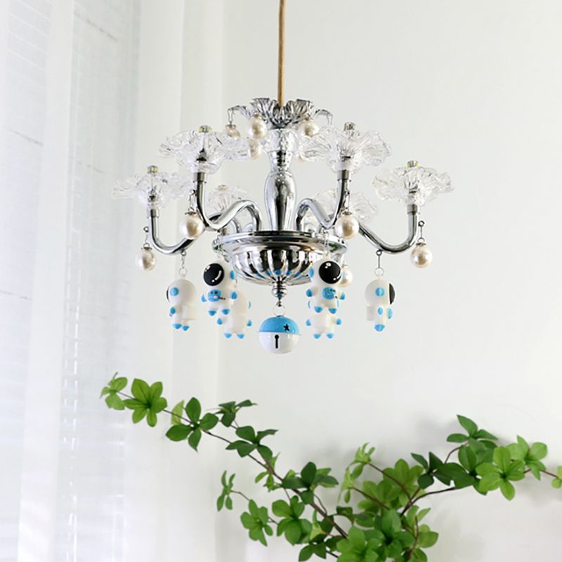 Clear Glass Chandelier Modern 6-Light Silver Suspension Light for Bedroom