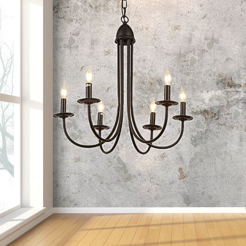 6/8 Heads Iron Chandelier Light Rustic Style Bronze Bare Bulb Dining Room Hanging Pendant with Curved Arm