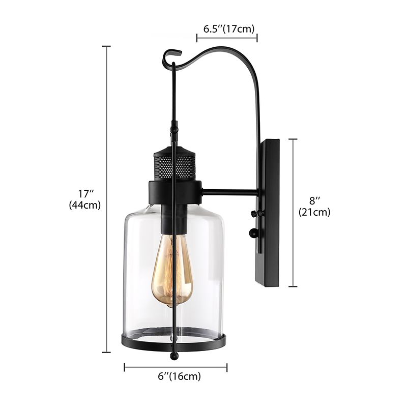 Cylinder Clear Glass Wall Mounted Lamp Industrial Single Bulb Living Room Sconce Light in Black/White/Rust with Cage