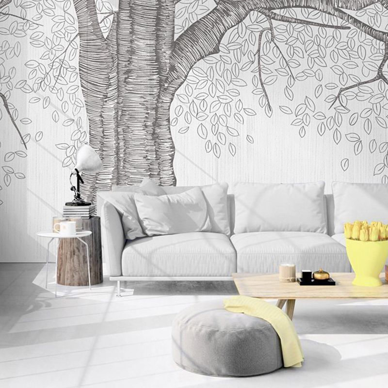 Stain-Resistant Swirled Tree Mural Non-Woven Fabric Nostalgic Wall Covering in Grey for Coffee Shop and Gallery
