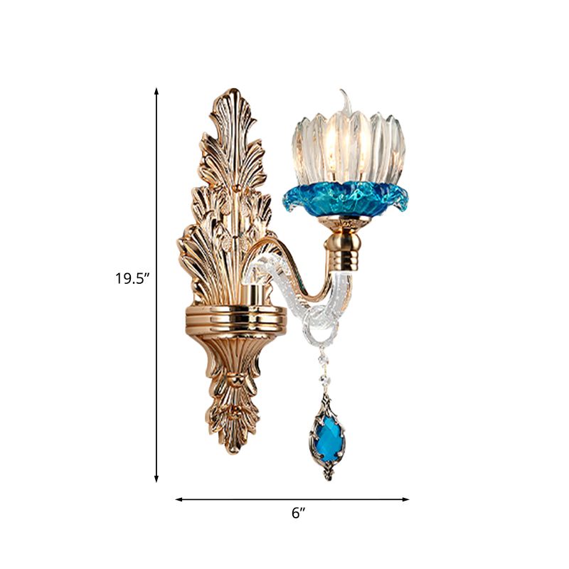 Crystal Flowerbud Wall Light Fixture Antique 1-Light Living Room Wall Mount Lighting in Blue