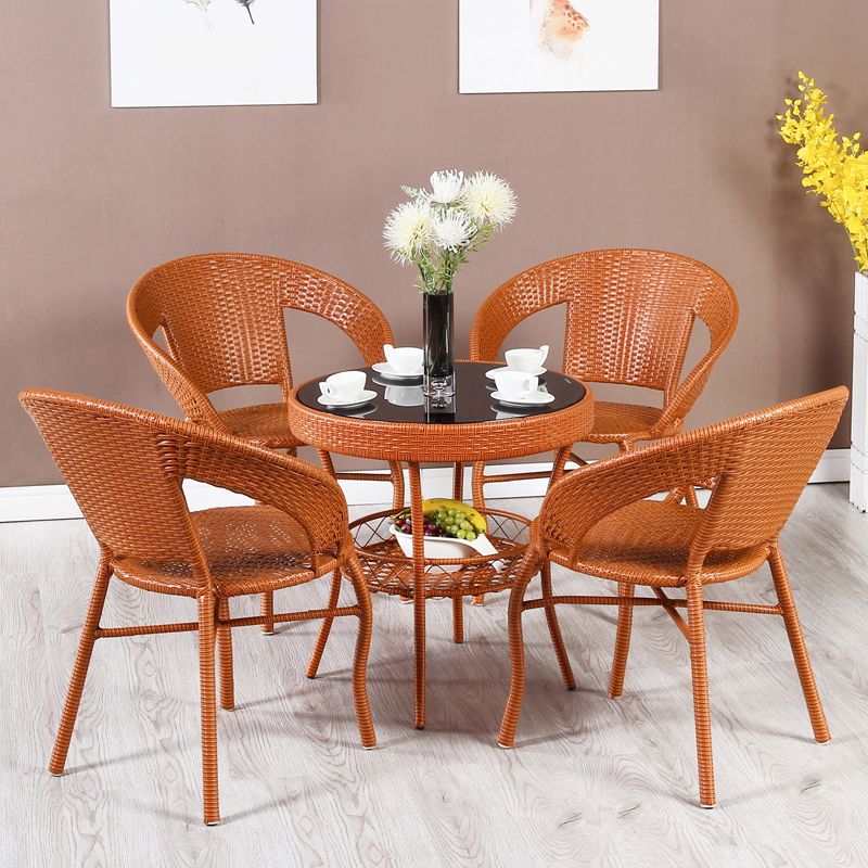 Rattan Dining Table Set Glass Top Round Shape Table for Courtyard