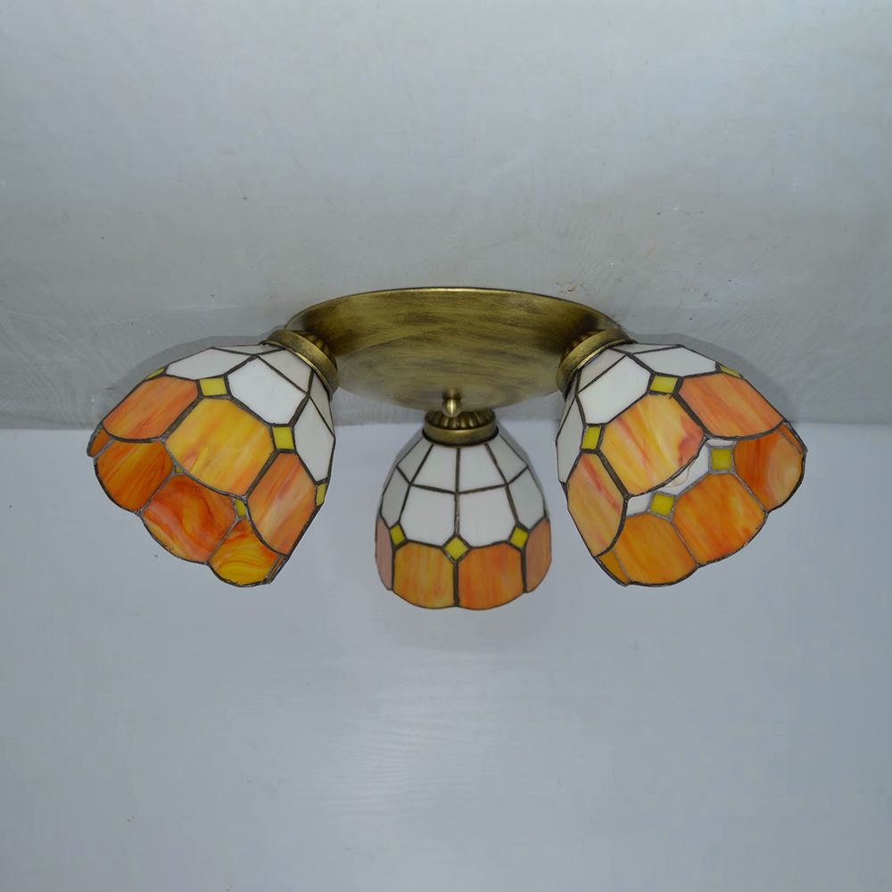 Tiffany Dome Ceiling Fixture Stained Glass 3 Lights Flush Mount Ceiling Light in Pink/Yellow/Orange/Sky Blue/Dark Blue for Dining Room