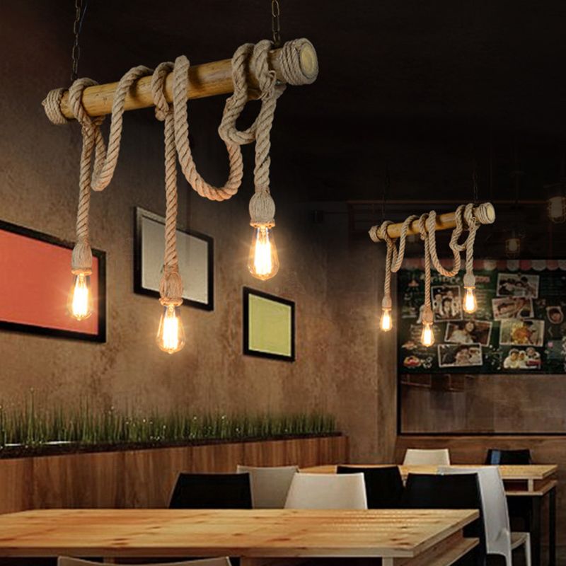 Country Style Hemp Rope Island Light Bamboo 3 Lights Bare Bulb Bar Decorative Island Pendant
