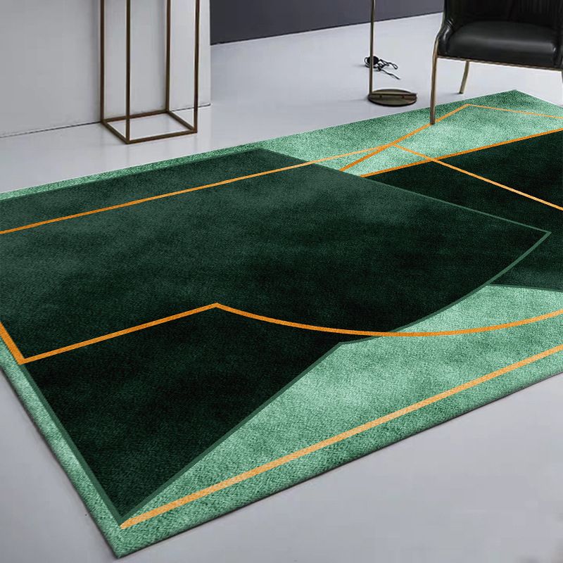 Green Bedroom Rug Modern Color Block Geometry Line Pattern Area Rug Polyester Stain-Resistant Carpet
