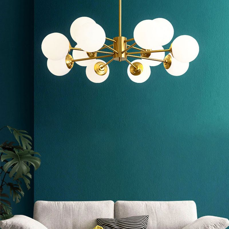 Lámpara de lámpara de araña de vidrio blanco de leche colgante de iluminación de latón contemporáneo para comedor