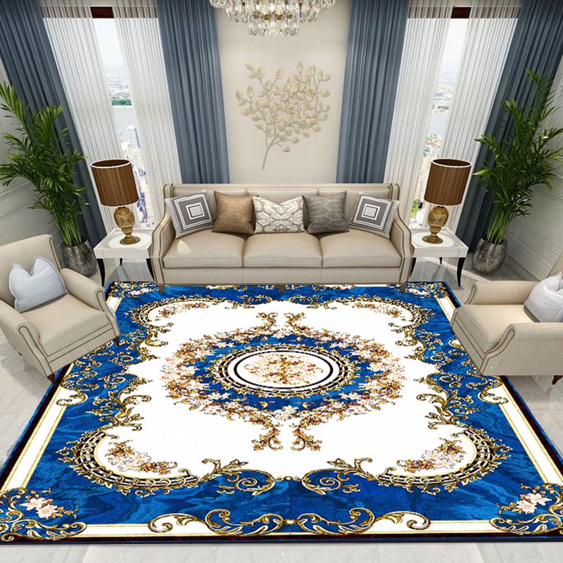 Blue Tone Modern Area Carpet Polyester Floral Printing Indoor Rug Easy Care Carpet for Home Decoration