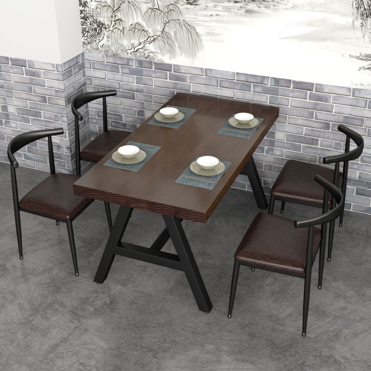 Industrial Rectangle Dining Table Pine Solid Wood Table with Black Trestle Base