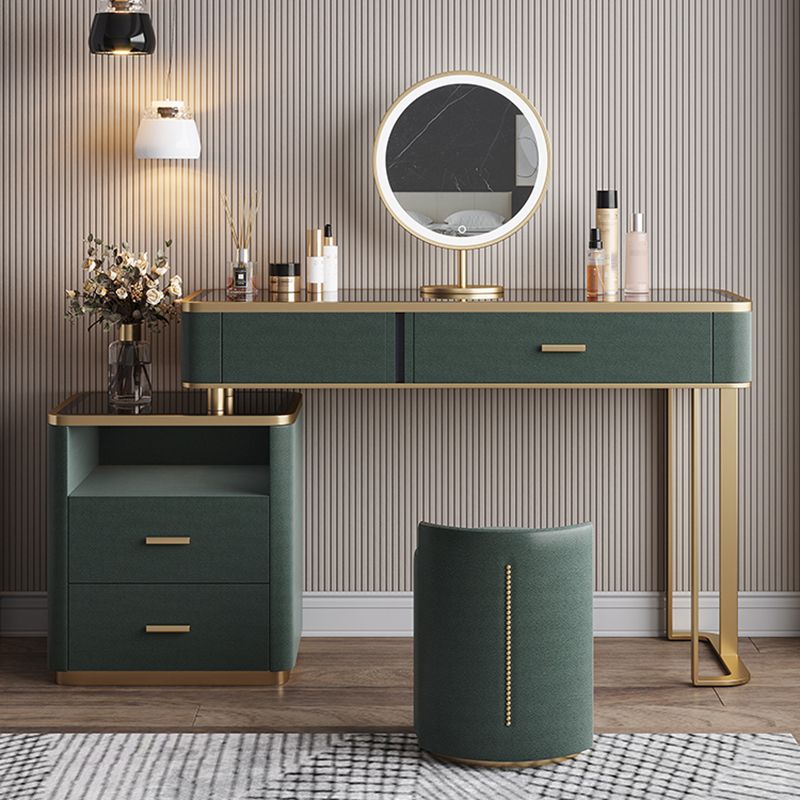 Glass Top Vanity Table 2-Drawer Stool Vanity Set with Lights Mirror