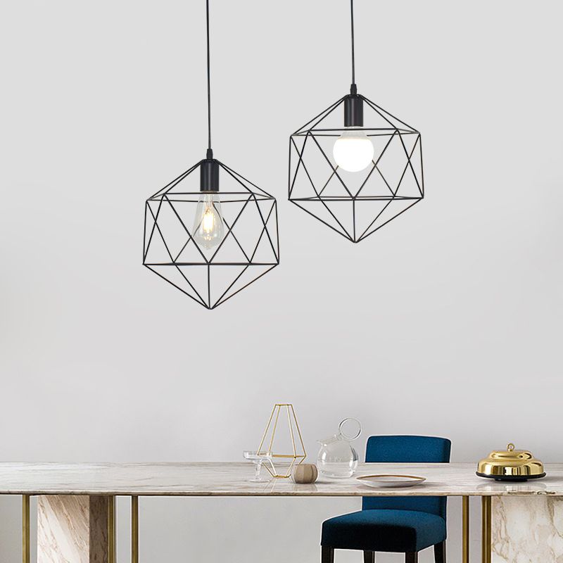 Black Metal 1 Light Pendant Light Nordic Retro Geometric Wire Cage Hanging Lamp for Restaurant