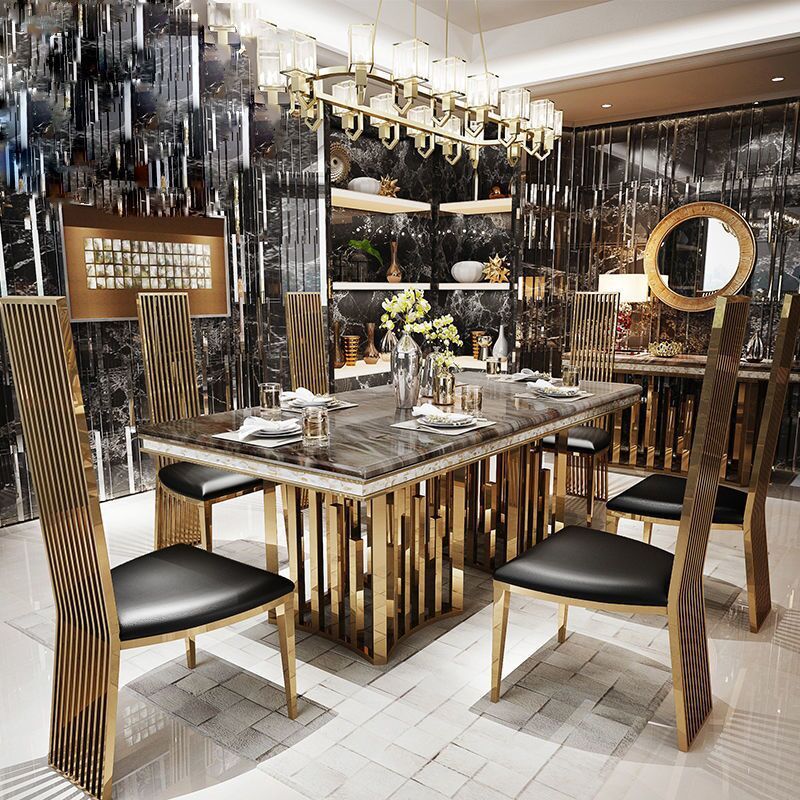 Traditional Luxury Marble Dining Table Rectangle Table with Metal Double Pedestal in Gold