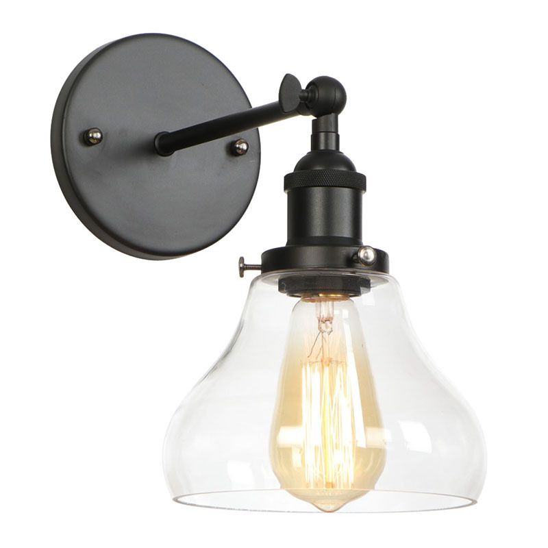 Industrial Style Vintage Wall Sconce with Transparent Glass Lampshade Single Bulb Wall Mount Lamp in Black