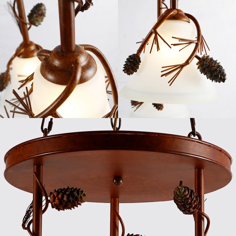 Bell Metal Chandelier Light Country 3 Lights Dining Room Pendant Lighting in Red Brown