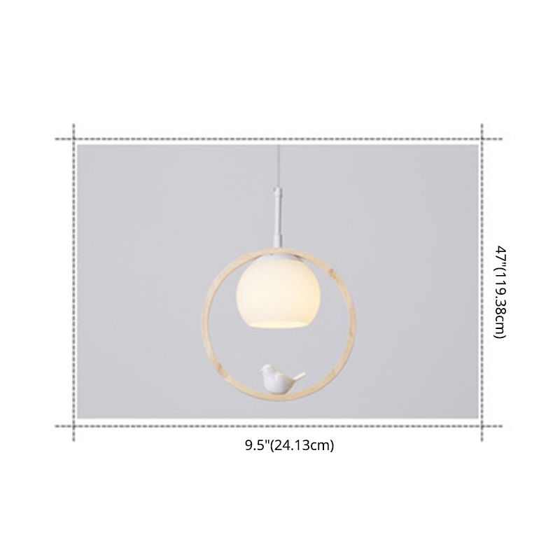 Dome Shade White Glass Pendant Nordic Style Wood Suspension Light with Ring and Bird