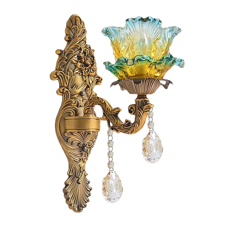 Single 2-Layer Ruffle Sconce Light Antique Blue and Yellow Gradient Glass Wall Mounted Lighting with Brass Carved Arm