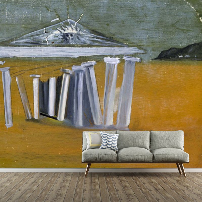 Surreal Art Temple Wall Mural Yellow Moisture Resistant Wall Covering for Living Room