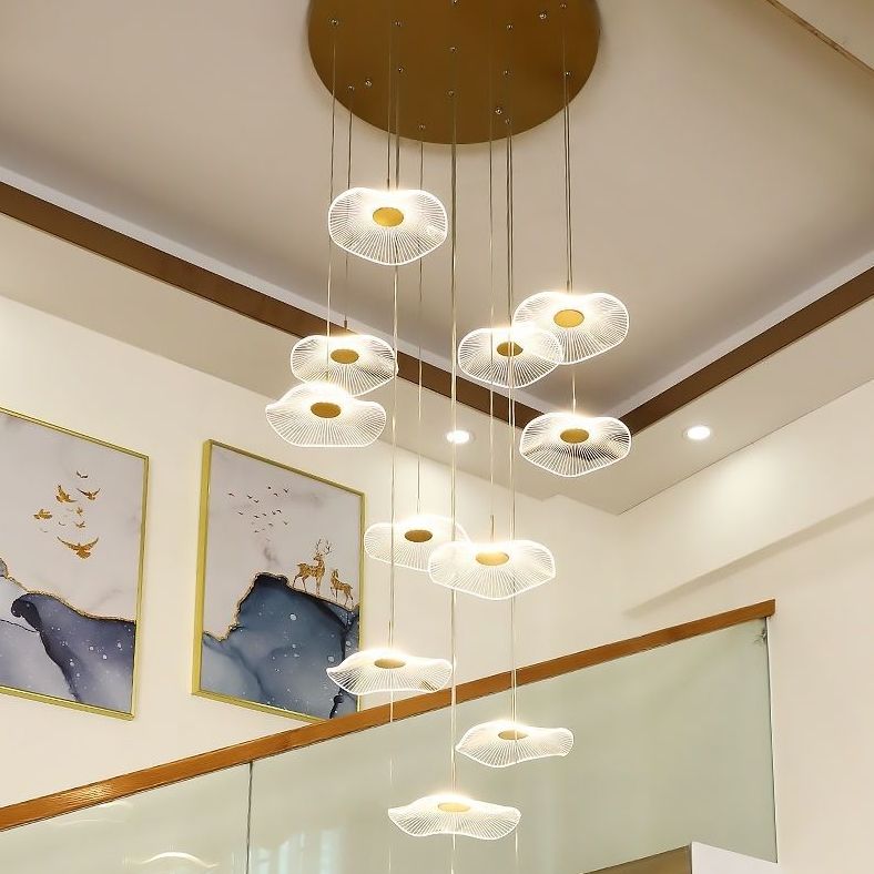 Minimalist Artistic Multi-Light Pendant Gold Lotus Leaf Hanging Light with Acrylic Shade