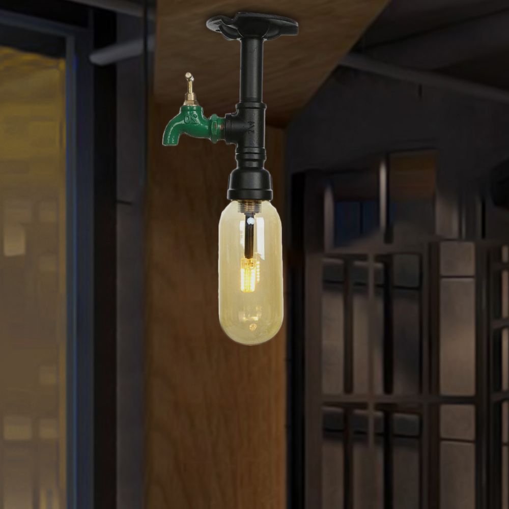 1 Light Capsuled Shade Semi Flush Light Industrial Black Amber Glass Ceiling Mount with Pipe Design
