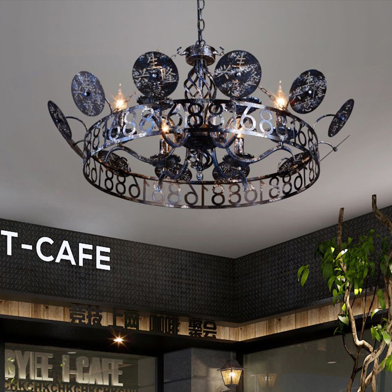 Etched Circular Coffee Shop Hanging Light Antique Wrought Iron 6 Heads Rust Chandelier Lamp with Bare Bulb