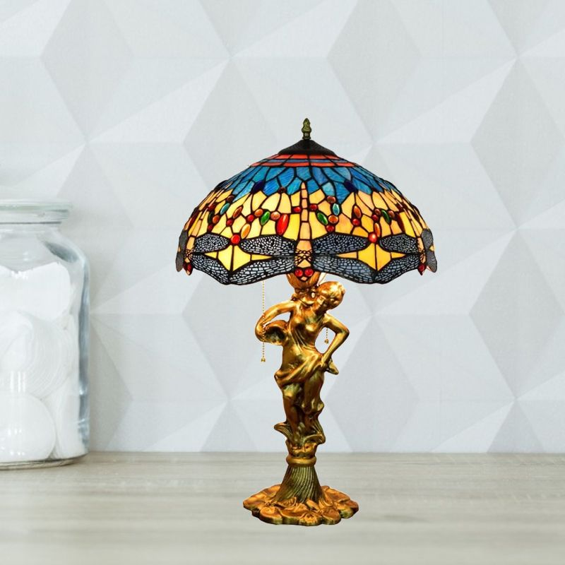 Dragonfly Cabochons Embedded Table Light 3-Light Yellow/Orange/Blue Glass Tiffany Nightstand Lamp with Pull Chain
