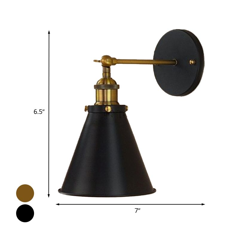 Black/Brass 1 Bulb Sconce Lighting Industrial Stylish Metal Conic Shade Wall Lighting for Living Room