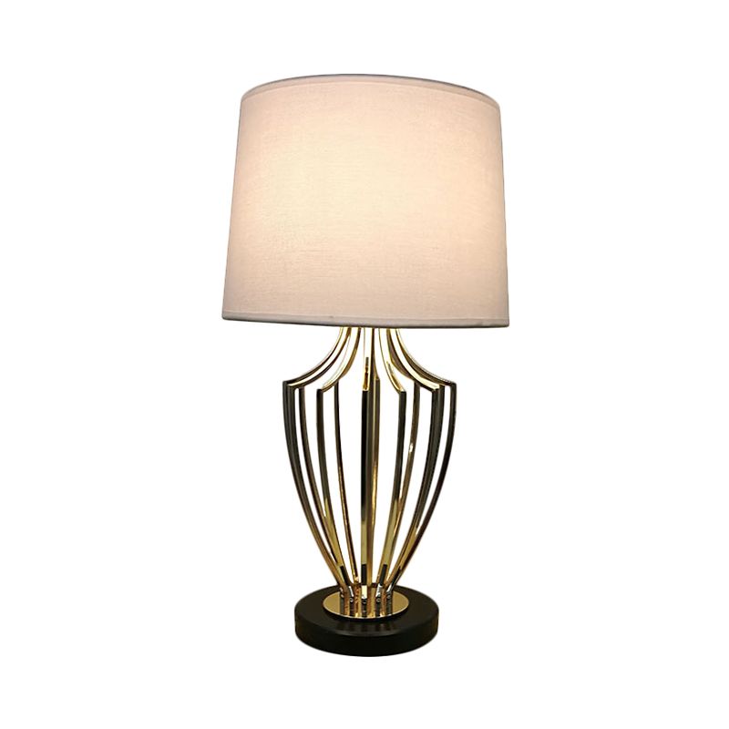 Minimal Barrel Night Table Lamp Fabric 11"/14" W 1 Head Bedroom Desk Lighting in Black/White with Urn Cage Base