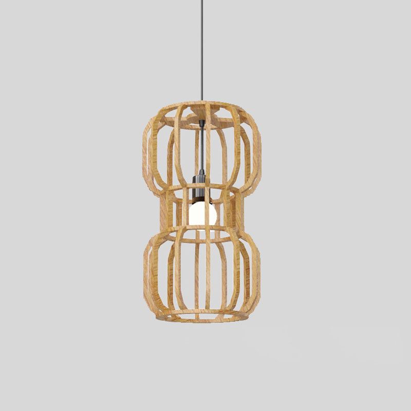Wood Dumbbell Frame Pendant Light Asian 1 Head Beige Hanging Lamp Kit for Restaurant