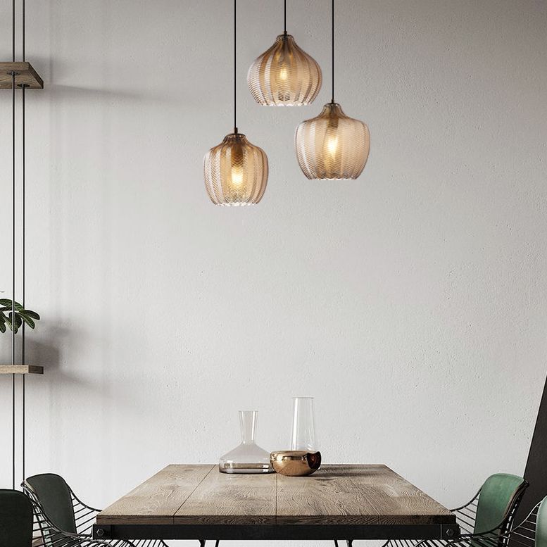 Melon Shaped Glass Suspension Lamp Nordic Style Hanging Light Fixture for Dining Room
