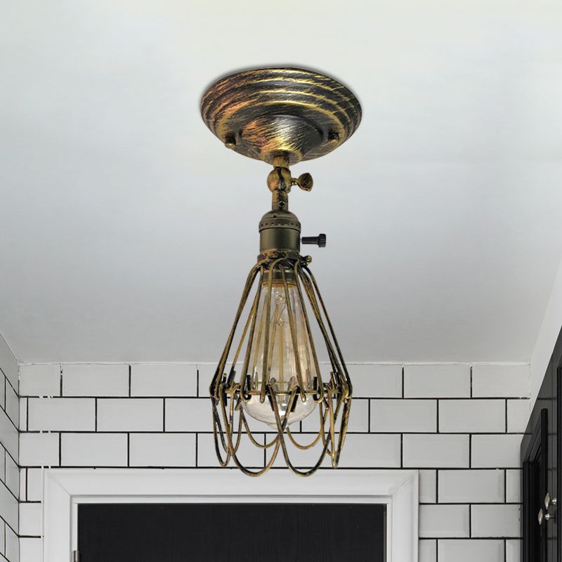 Plafonnier semi-encastré en cage en fer forgé, style ferme, élégant, 1 lumière, luminaire de plafond pour chambre à coucher, rouille/argent vieilli