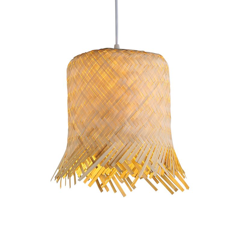 Cylinder Suspension Pendant Contemporary Bamboo 1 Bulb Wood Hanging Light Kit, 8"/10" Wide
