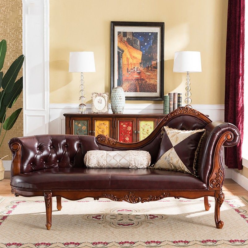 Traditional Dark Brown Genuine Leather Chaise Rolled Arms Tufted Accent Chair
