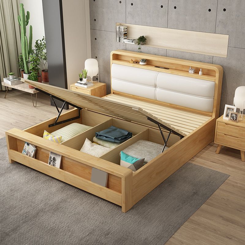 King & Queen Size Wood Panel Bed Nordic Upholstered Bed Frame with Storage