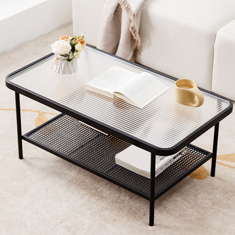 Rectangle Glass Coffee Table 15.75"H Sled Cocktail Table with Shelf