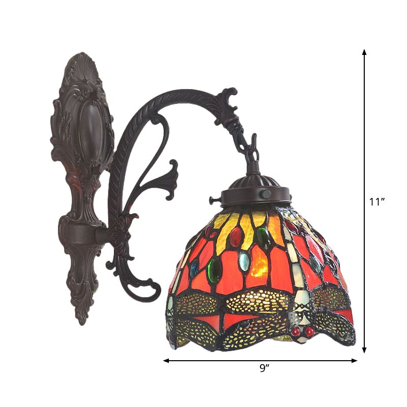 Victorian Dome Sconce Light Fixture 1 Bulb Red Cut Glass Wall Mount Lamp with Dragonfly Pattern