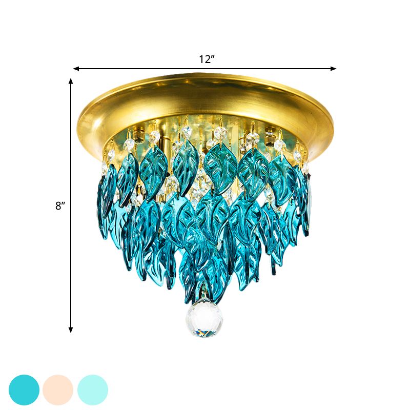 Leave Flush Mount Lamp Modern Style Clear/Clear and Blue/Lake Blue Crystal 4 Bulbs Sleeping Room Ceiling Light in Gold