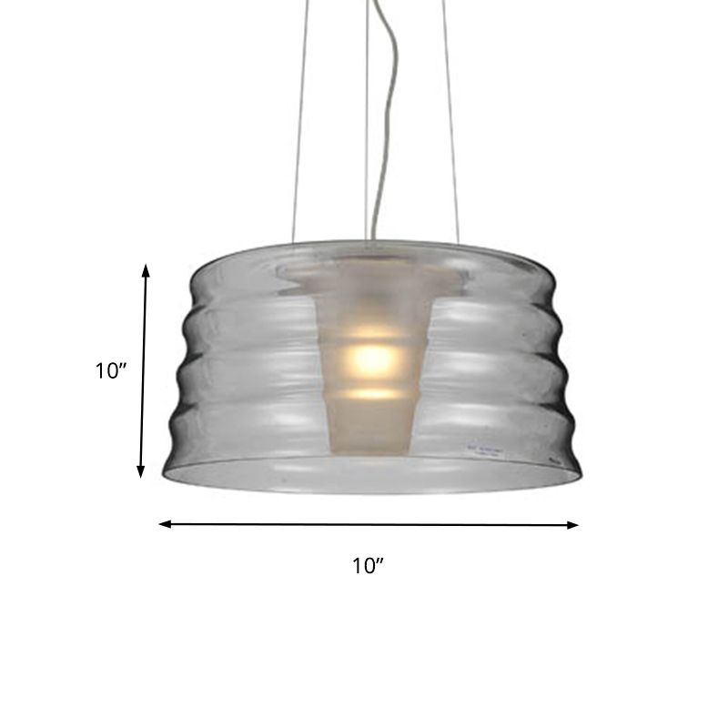 10"/14" Wide Drum Chandelier Pendant Contemporary Clear/Smoky Ruffle Glass 1 Light Led Living Room Hanging Light
