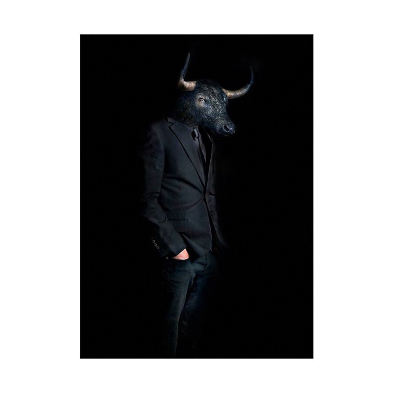 Ox Gentleman Canvas Art Kids Style Textured Wall Decoration in Black for Living Room