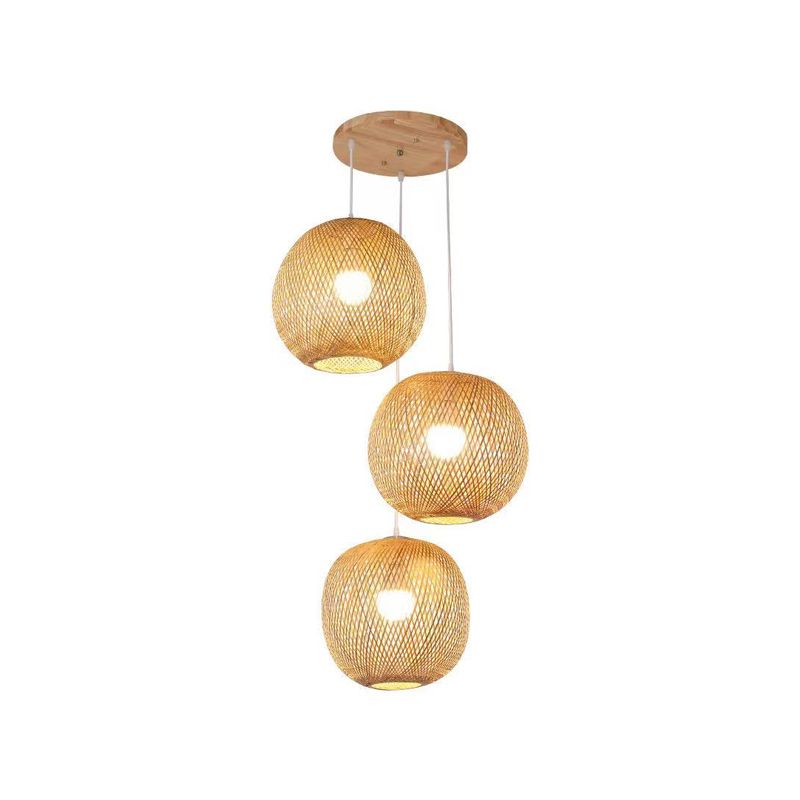 3 Lights Stairway Pendant Asian Style Multiple Hanging Light with Braided Bamboo Shade