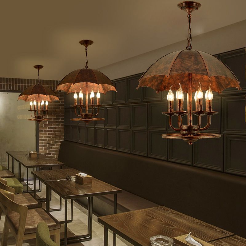 Rust Candle Suspension Light with Umbrella Shade 6 Lights Metallic Pendant Lamp for Boutique
