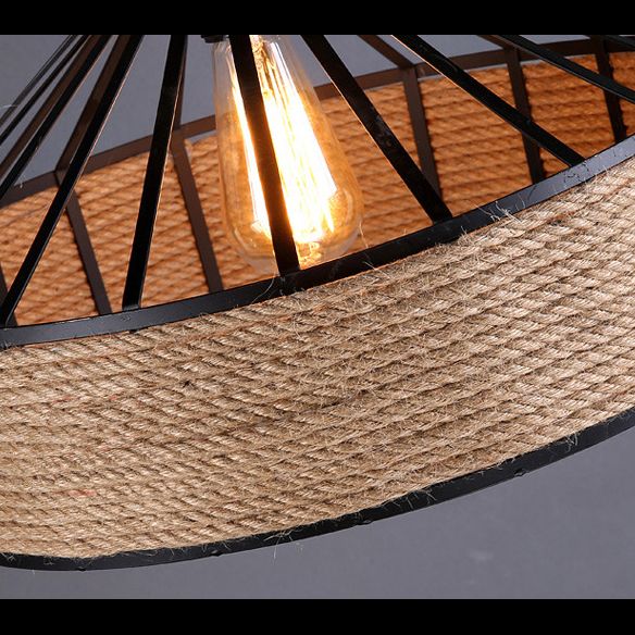 Vintage Black Mongolian Yurt Ceiling Light Hemp Rope1 Light Restaurant Hanging Pendant Lighting
