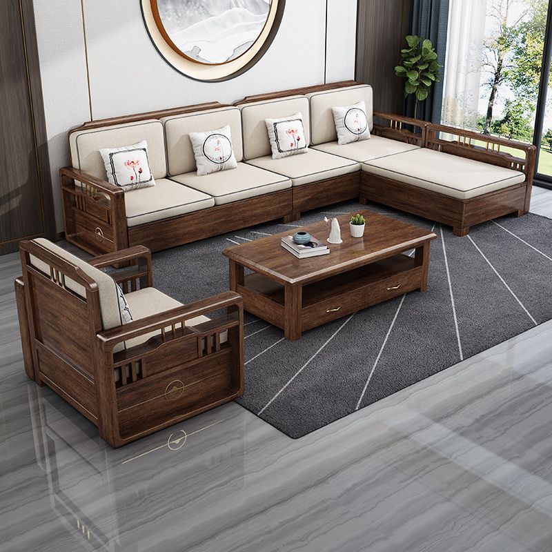 Contemporary Sectional Sofa Walnut Wood Sectional with Pillows