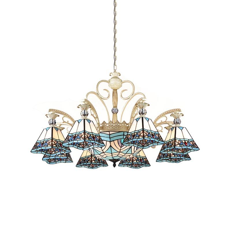 Luminaire lustre bleu en verre tachée Pyramide 11 lumières Baroque Plafon