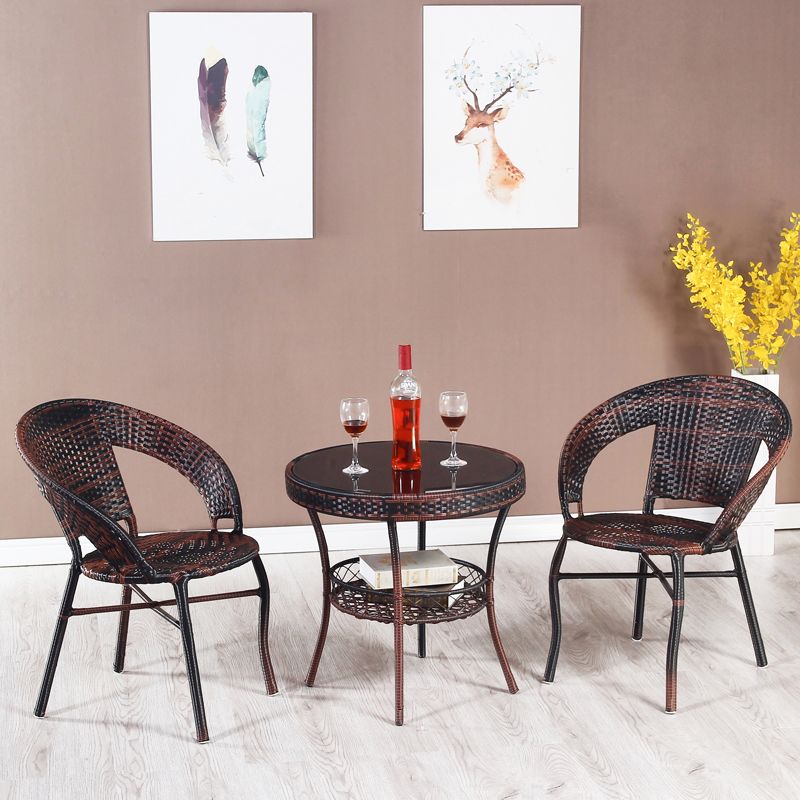 Rattan Dining Table Set Glass Top Round Shape Table for Courtyard